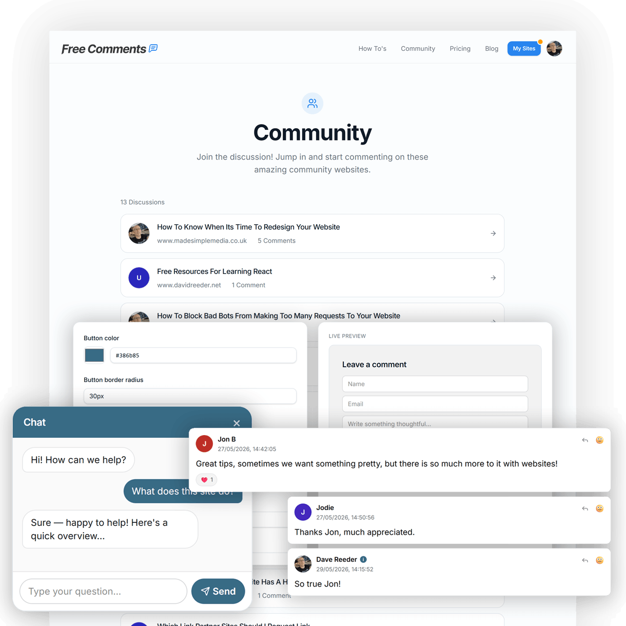 Free Comments dashboard, embedded comment form, and AI chatbot widget preview
