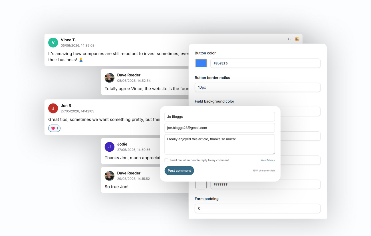 AI-moderated comments widget and dashboard styling preview