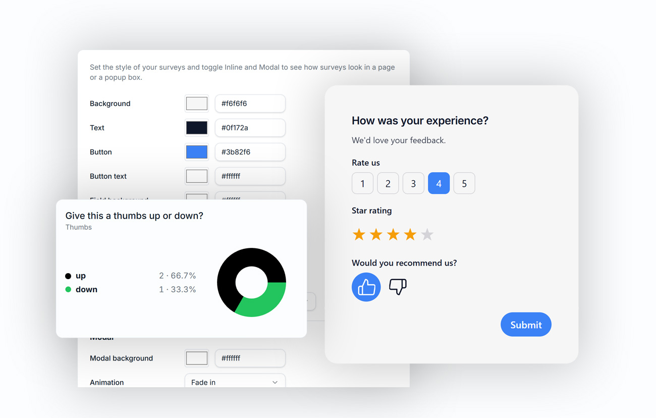 AI-powered surveys builder, style options, and modal preview