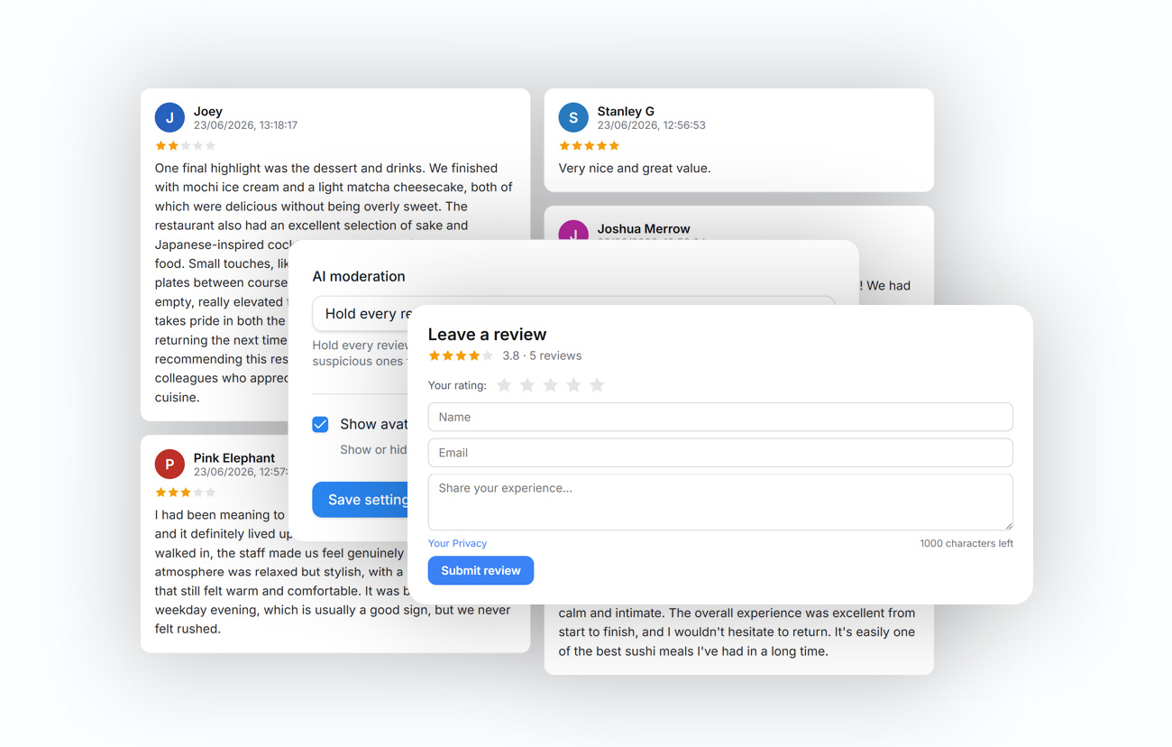 AI-moderated reviews widget and submission form preview